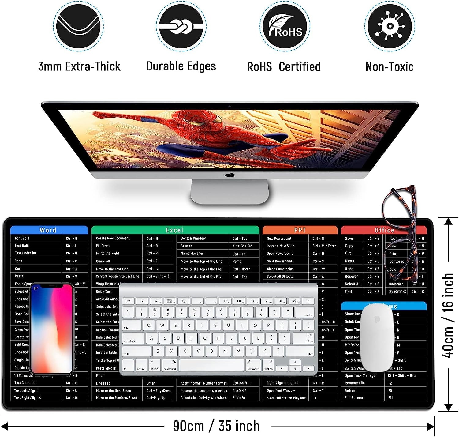 Large Gaming Mouse Pad Desk Mat Office Software Excel Shortcuts Mousepad with Personalized Design Extended Size 35.4 X 15.7inches by Office - Image 6