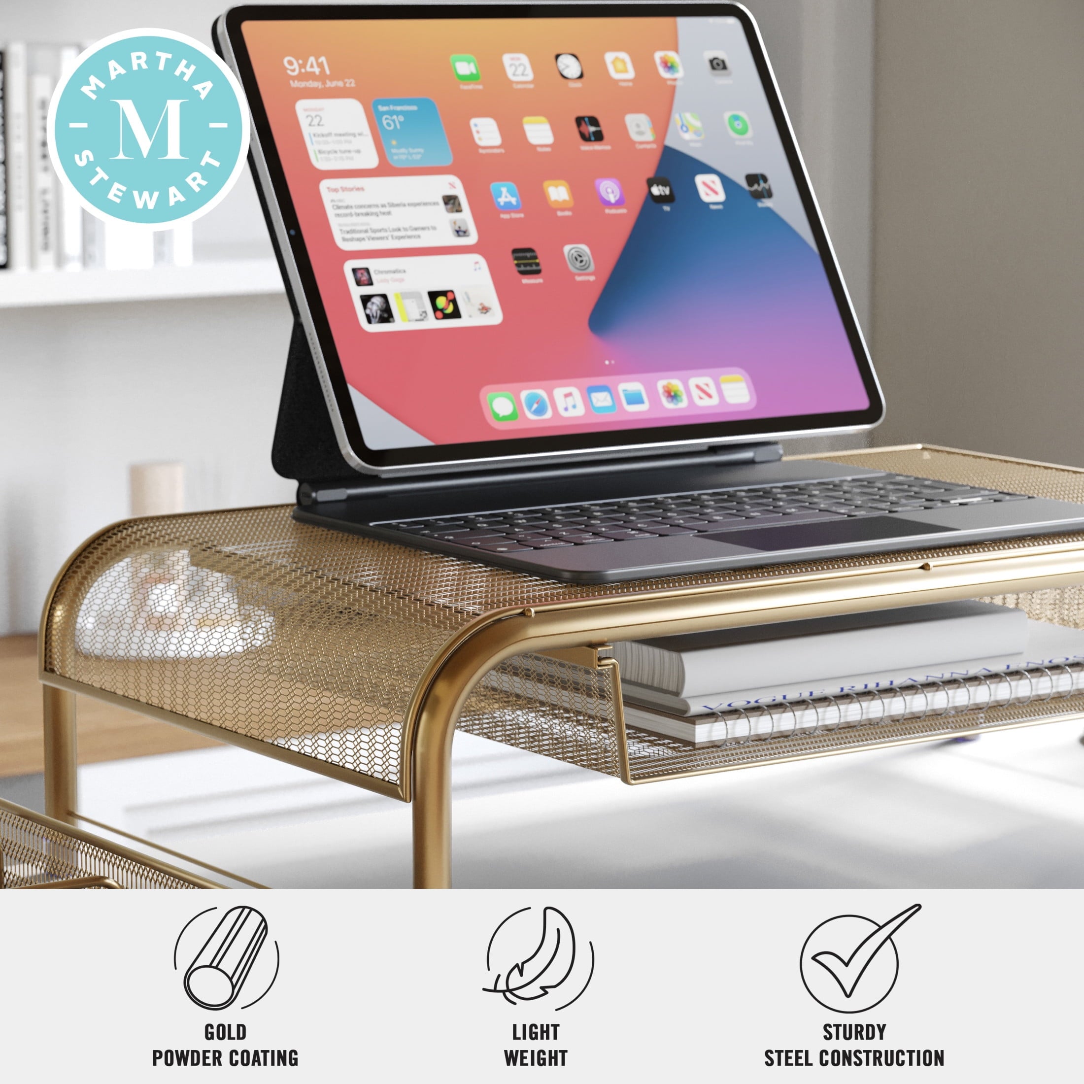 Ryder Gold Mesh Metal Desktop Monitor Stand Riser with Organizer Drawer and Side Storage - Image 3