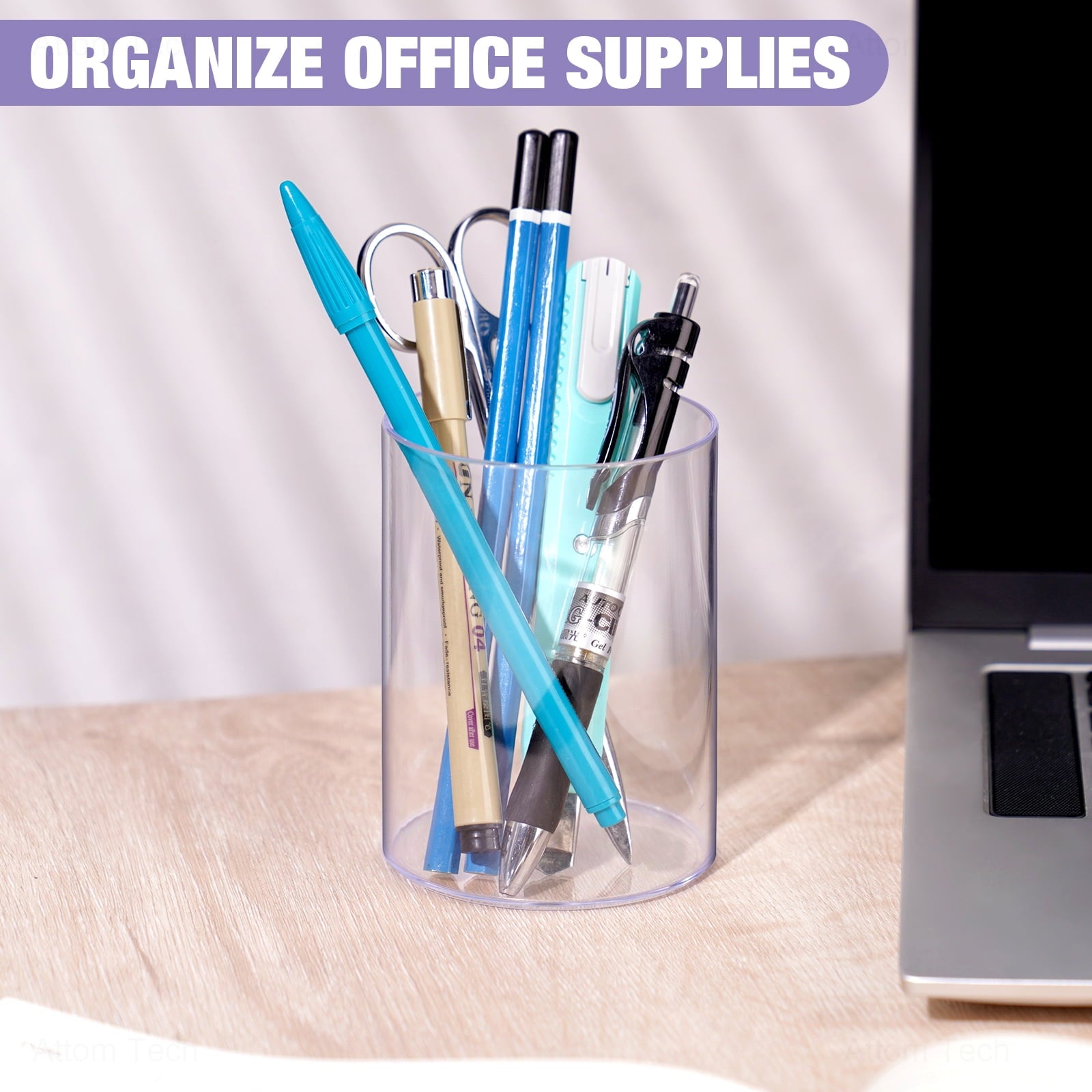 NiOffice Clear Acrylic Pen and Pencil Holders Set of 3, Stylish Plastic Desk Organizer, Round Makeup Brush Storage Perfect for Home and Offi - Image 5