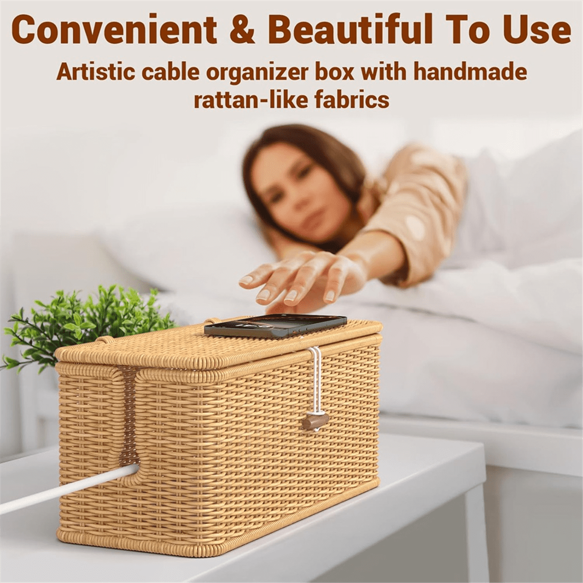 Cable Management Box, Power Strip Organizer with Locked Cover,Handmade Rattan Cords Hider,Cord - Image 6