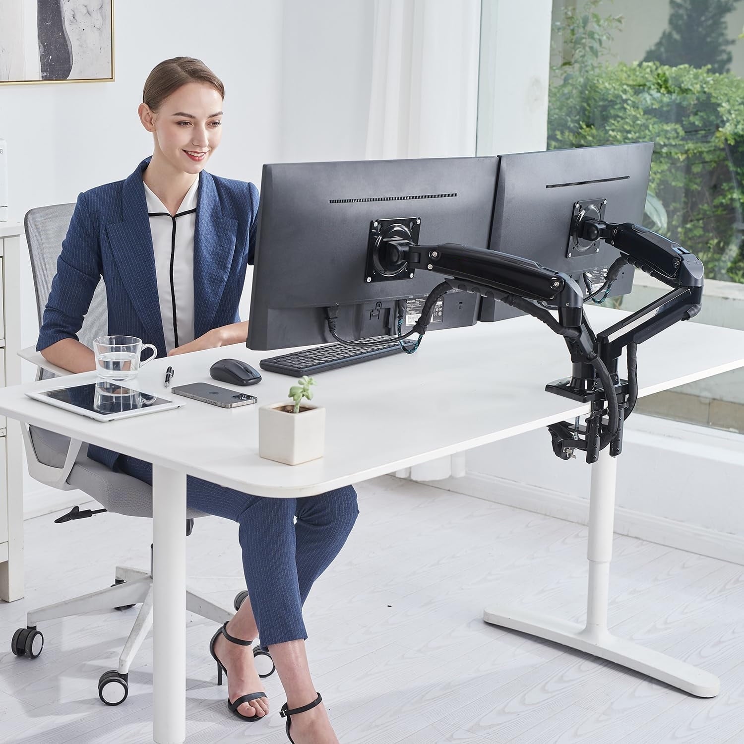 Dual Monitor Wall Mount for 13-32 inch Computer Screens, Gas Spring Monitor Stand Arm for 2 Monitor, Each Arm Holds Max 22 lbs, Full Motion - Image 3