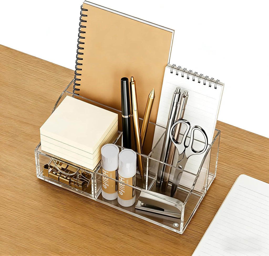 HBlife Acrylic Pen Holder and Desk Organizer, Office Caddy Storage, 6 Compartments - Image 4