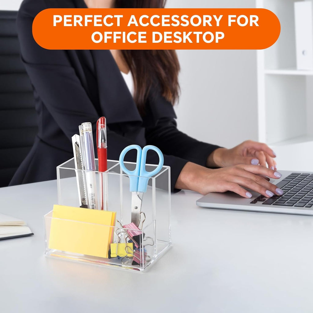 Pen Holder for Desk, Clear Acrylic Pencil Holder for Desk, Marker Holder with 3 Compartments, Pencil Organizer for Ho... - Image 4