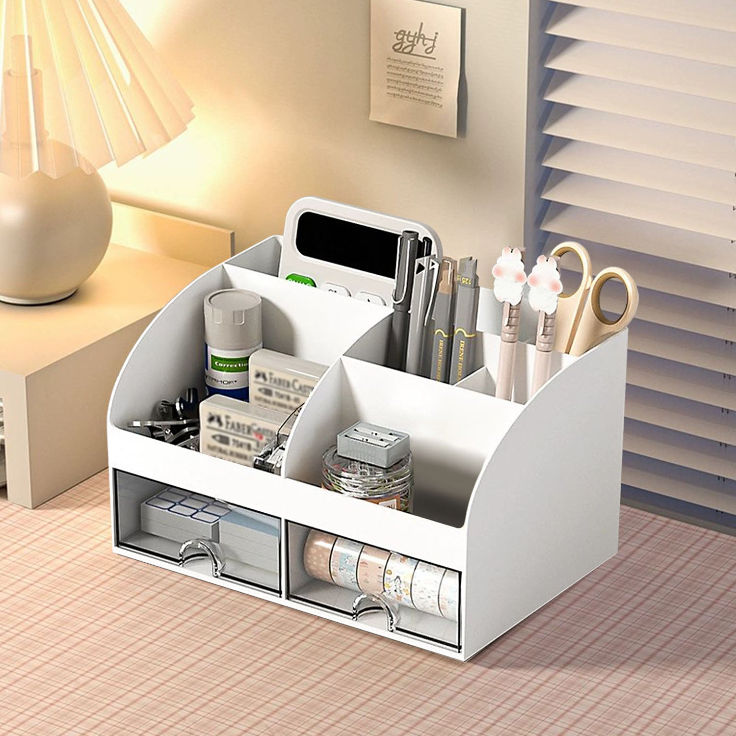 Style-Carry Desk Organizer with 6 Compartments and 2 Drawers, Plastic Desktop Organizer & Pencil Holder, White - Image 6