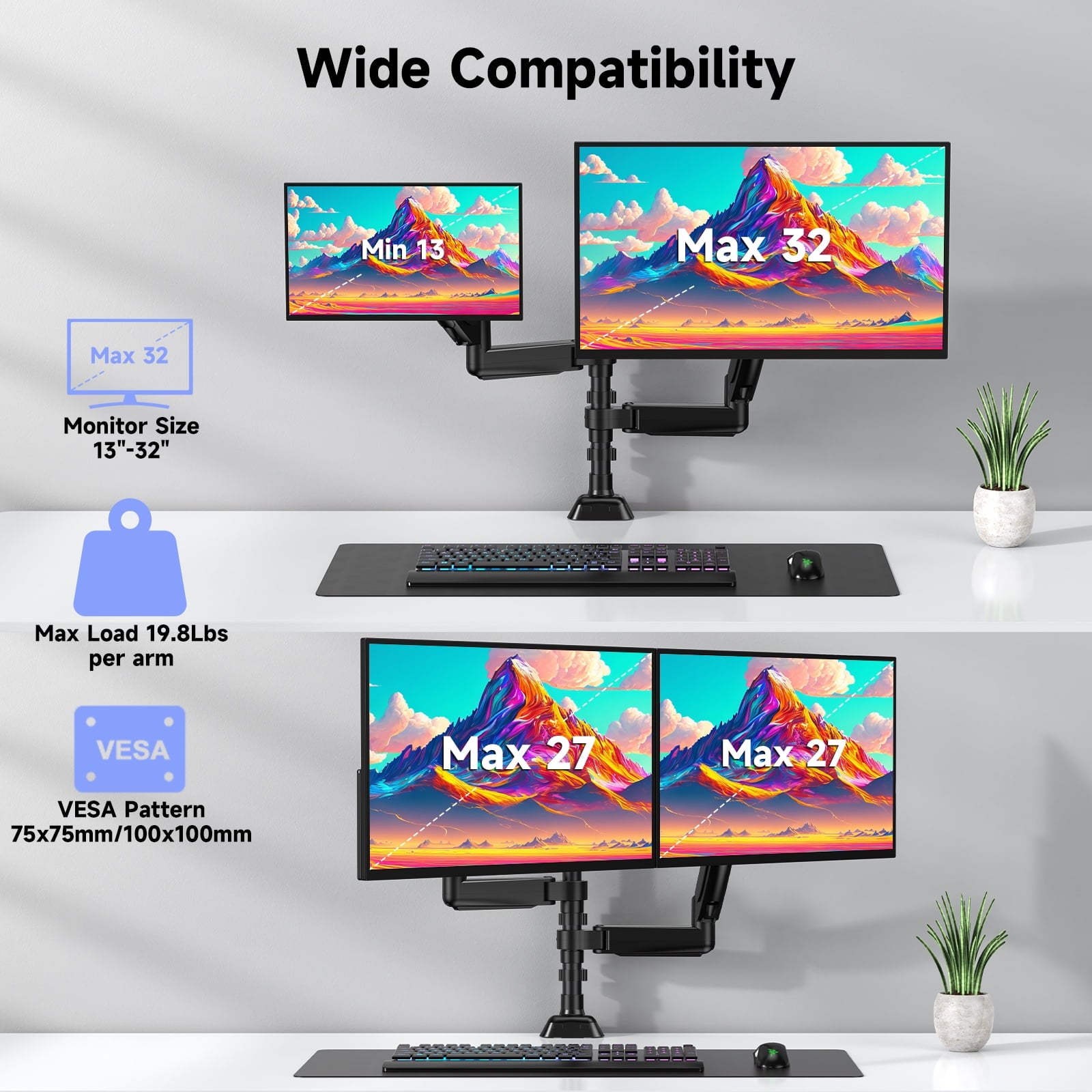 Dual Monitor Stand - Full Adjustable Monitor Desk Mount Swivel Vesa Bracket with C Clamp, Grommet Mounting Base for 13 to 32 Inch Computer S - Image 4