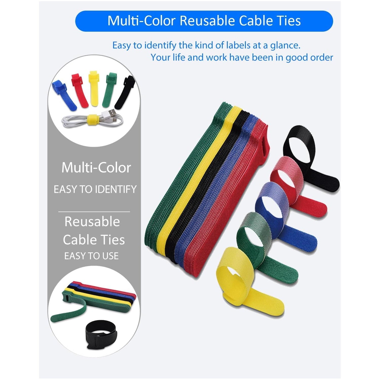 Cable Wraps for Cords,Reusable Cable Ties(120 Pack,6 Inch)-Hook and Loop Cord Organizer Straps for Wire Management-Mu... - Image 2