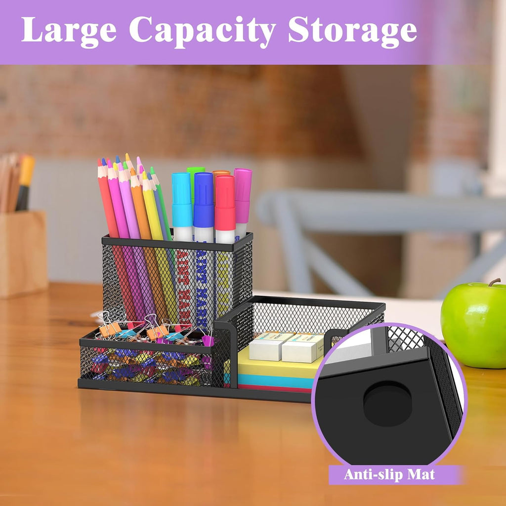 INTIGE Mesh Pen Holder Desk Organizer, Office Supplies Pencil Storage with 3 Compartments - Image 2