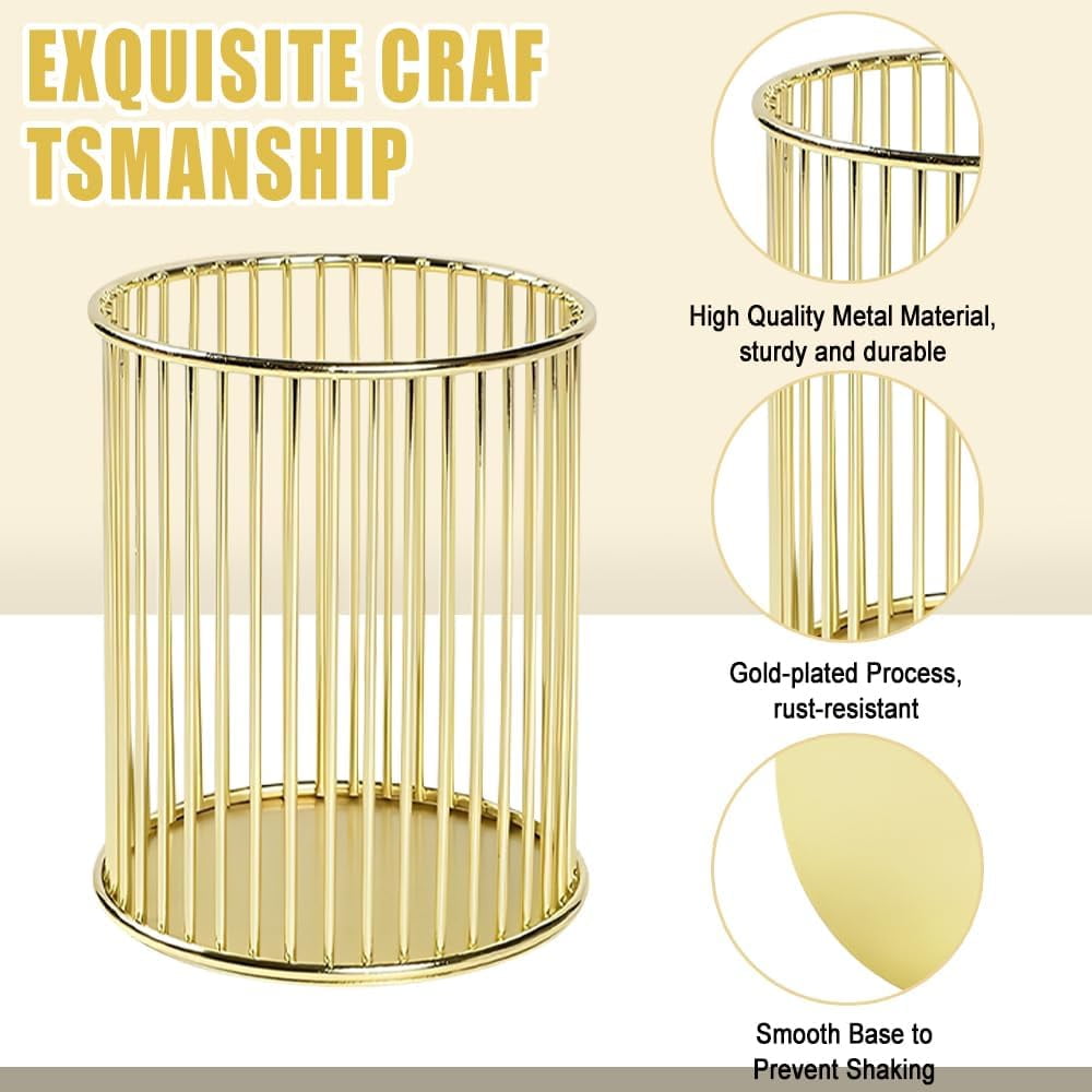 RETON 2 Pack Gold Pencil Holder, Metal Wire Pen Holder for Desk Cute, Makeup Brushes Holder, Pen Cup for with 2 Pens, Desk Organizer Gold fo - Image 3