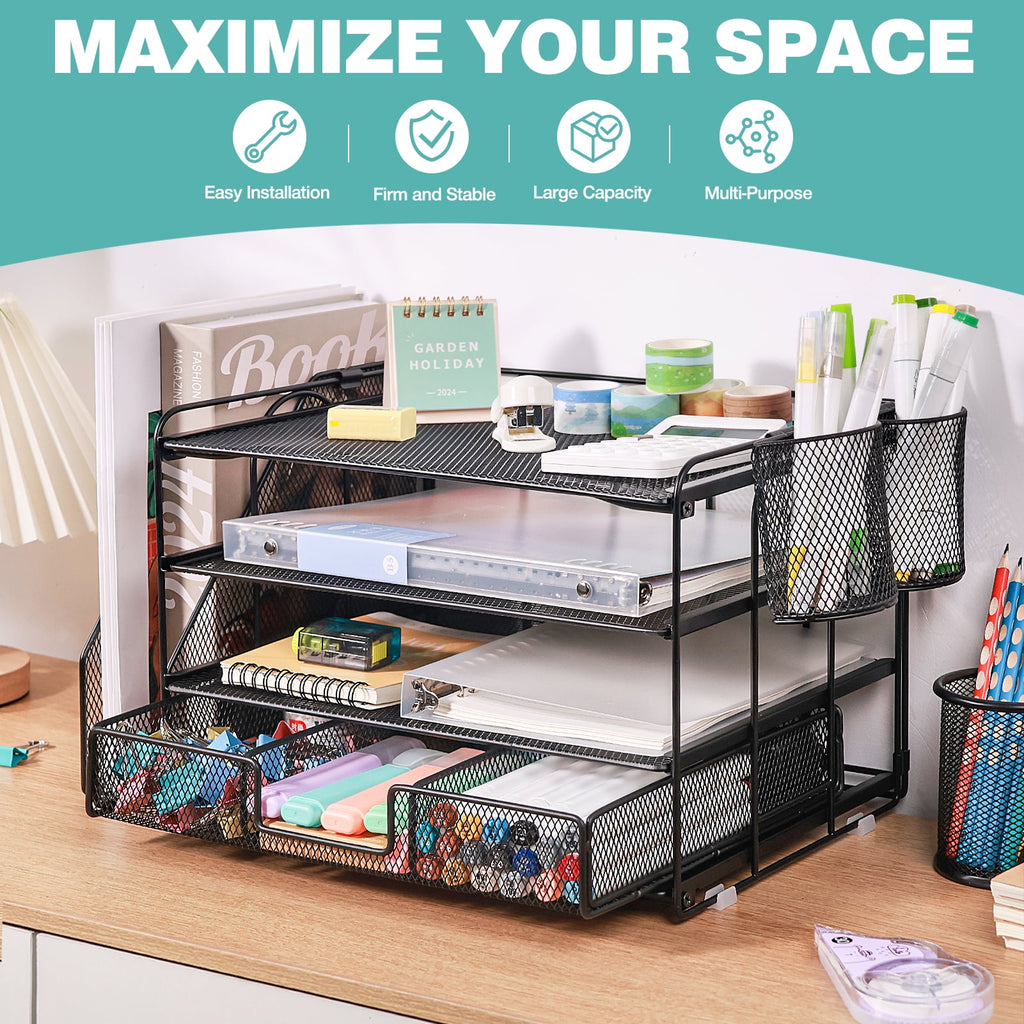 Livhil Desktop Organizer 4-Tier Desk Organizers Sets and Storage, File Organizers for Desk Drawer Organizer, Paper Organizer for Desk (Black - Image 2