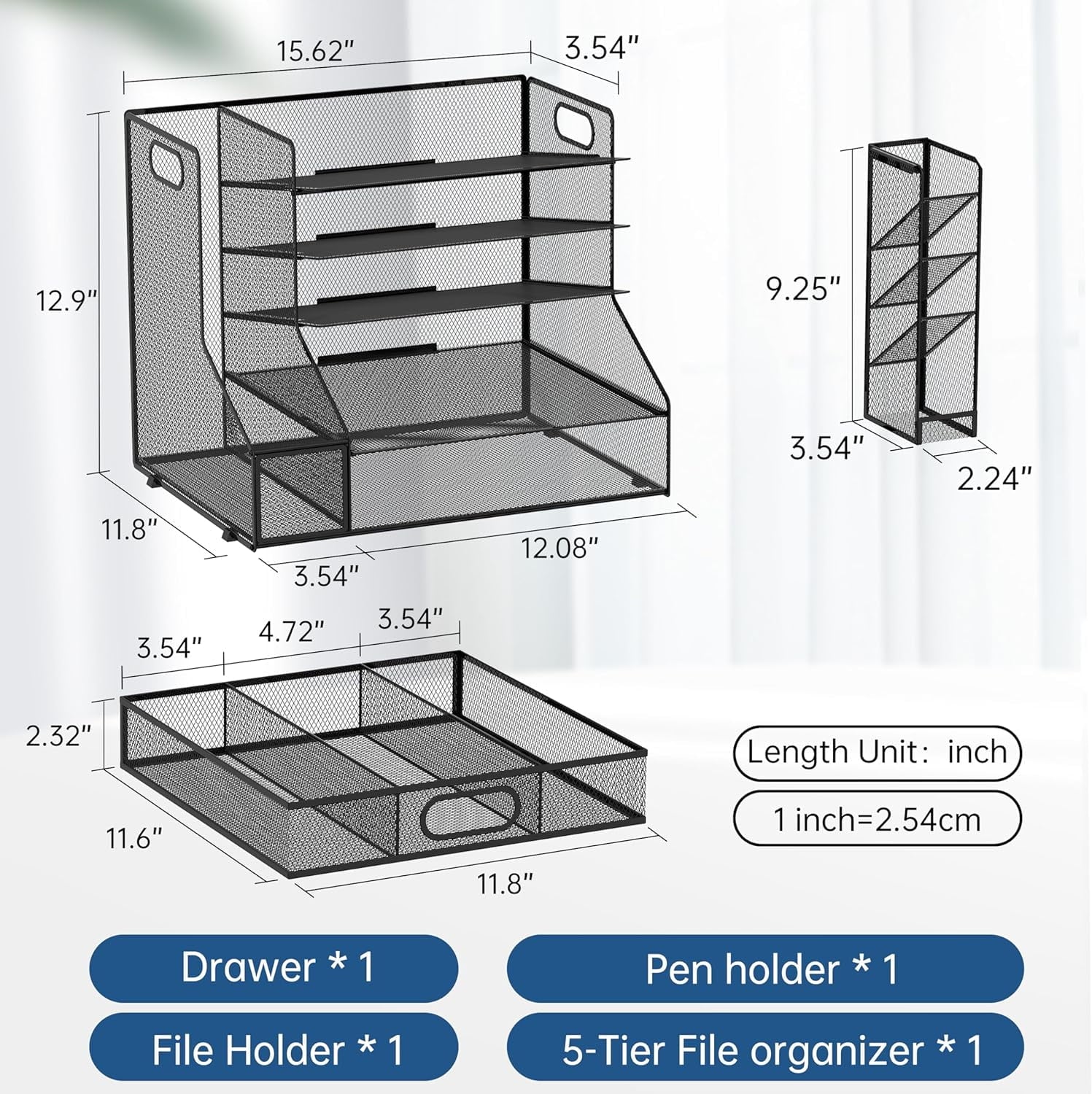 INTIGE Desk Organizer with File Holder, 5-Tier Mesh Paper Letter Tray Organizer with Pen Holder and Drawer, Desktop Organizer and Storage wi - Image 3