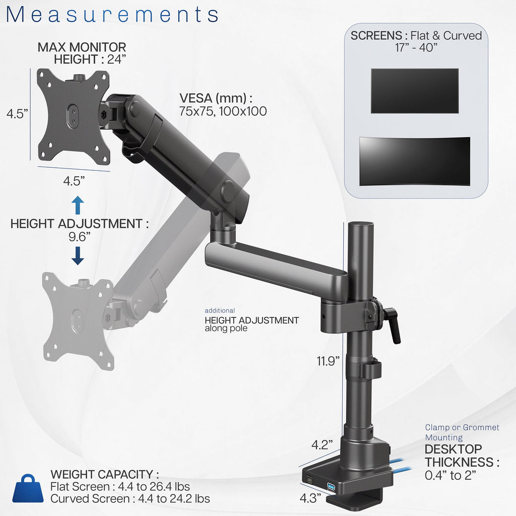 Premium Aluminum Single Monitor Arm Desk Mount Stand with USB Ports - Image 5