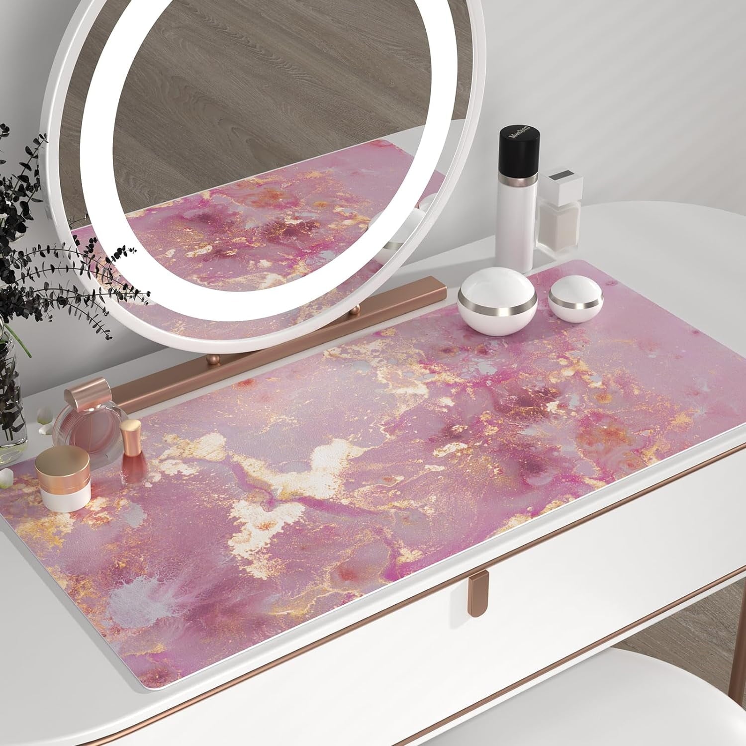 Large Mouse Pad, Cute Pink Desk Mat for Desktop, Women Girls PU Leather Waterproof Gaming, Rose Gold Marble Computer ... - Image 3