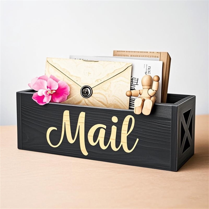 Black Mail Organizer for Countertop, Mail Organizer Wall Mounted, Rustic Wooden Desk Storage for Letter File Postcard... - Image 6