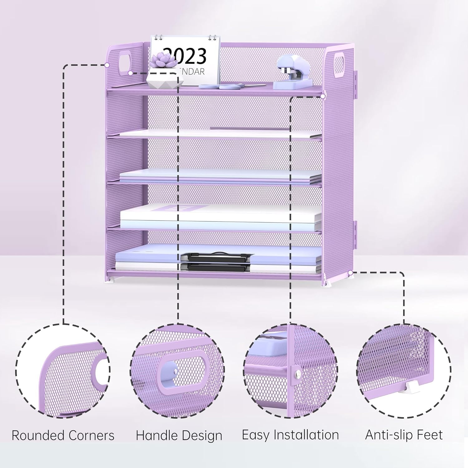 5-Tier Metal Desk Organizer with Handle, File Organizer, Purple, 1 Piece - Image 4