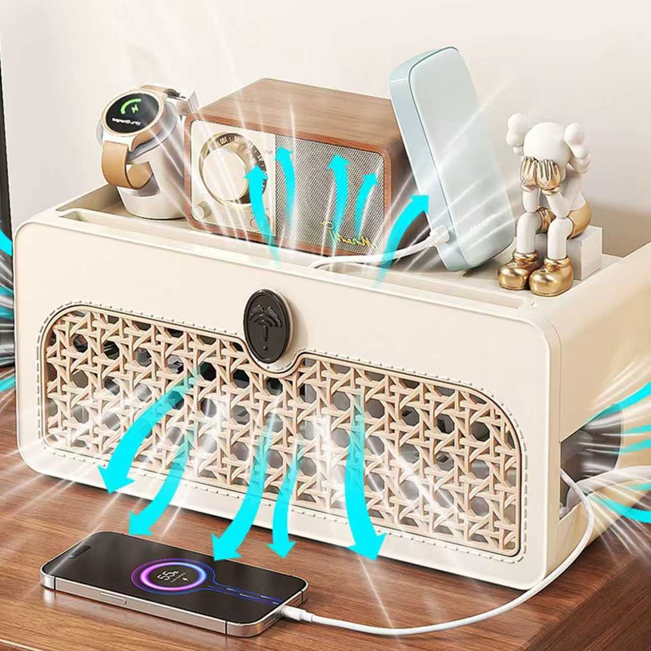 Boho Rattan Cable Management Box with Charging Station, WiFi Router Organizer Box for Desk & Nightstand, Cord Organizer to Hide Wires - Image 6