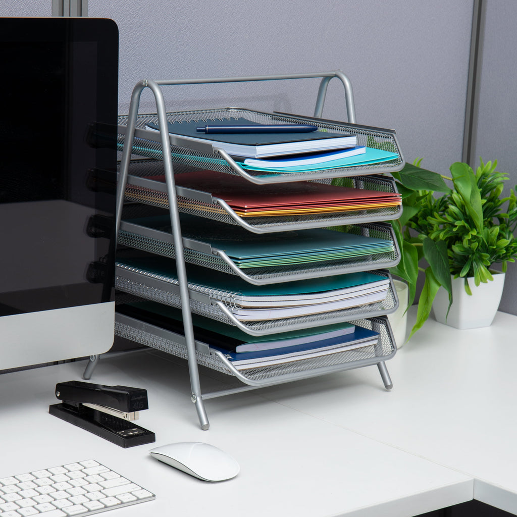 5-Tier Paper Tray, Desktop Organizer, File Storage, Office, Metal Mesh, Silver - Image 2