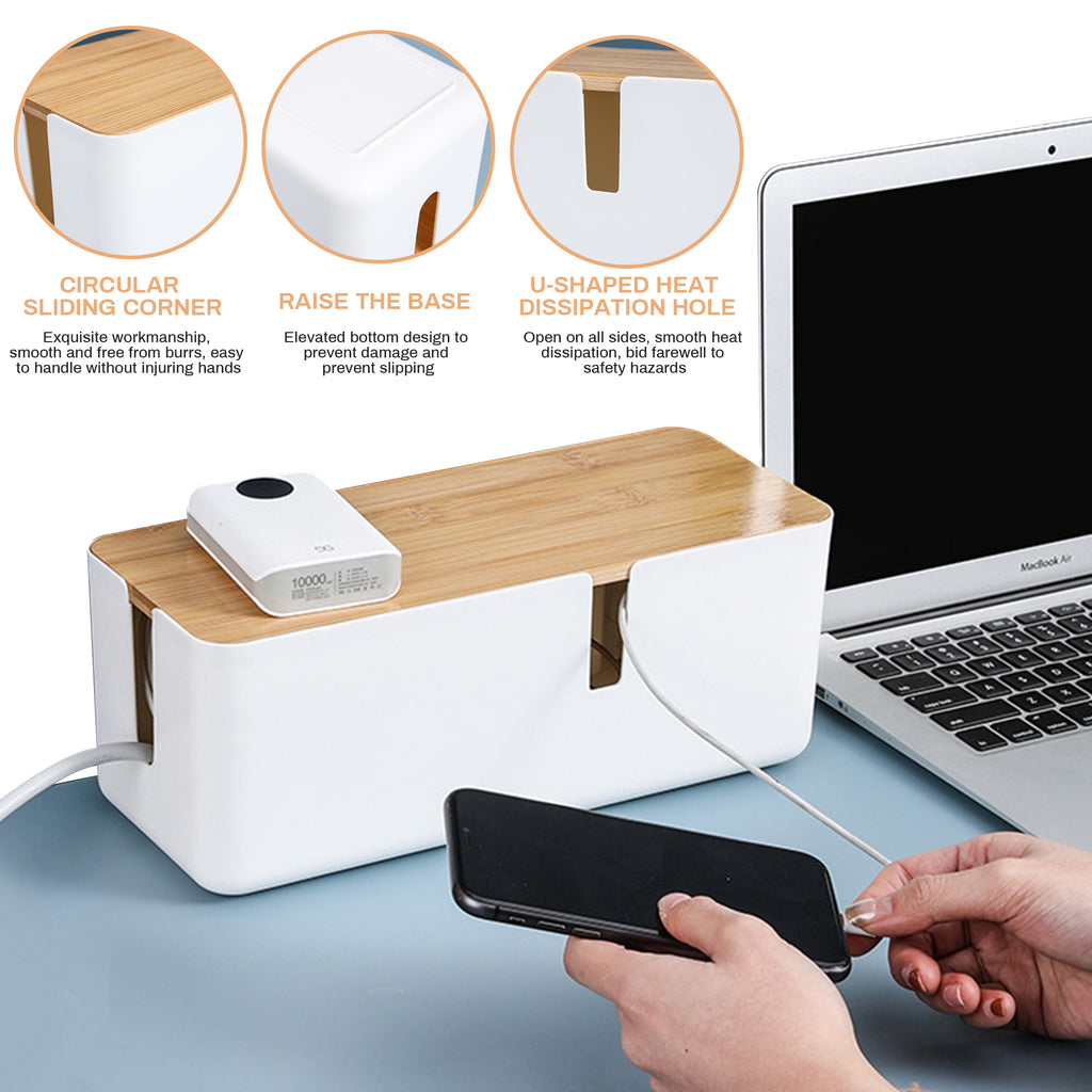 Cable Management Box - 12x5x4.5 inches, Cable Cover & Wood Lid, Cord Organizer for Desk TV Computer USB Hub System to Cover and Hide & Power - Image 3