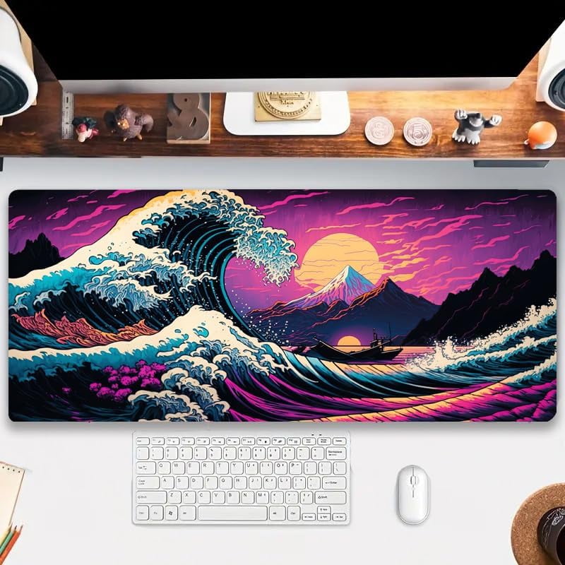 Japanese Sea Wave Mouse Pad, Blacklight Kanagawa Gaming Waterproof Extended Large Desk Pad Long Computer Keyboard Big... - Image 6