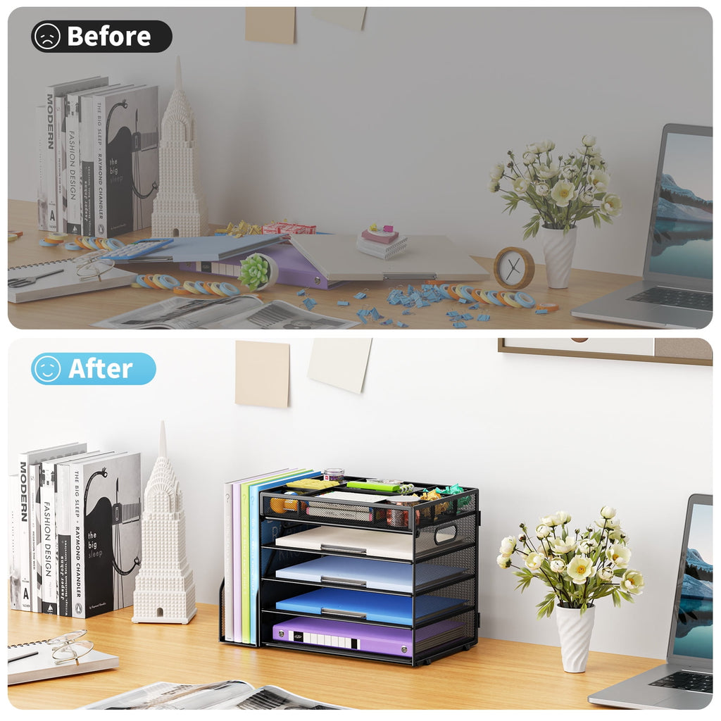Marbrasse Multi-Functional Desk Organizer Tray,5 Tier Paper Letter Tray Organizer with File Holder,Mesh File Storage with 8 Compartments - Image 2