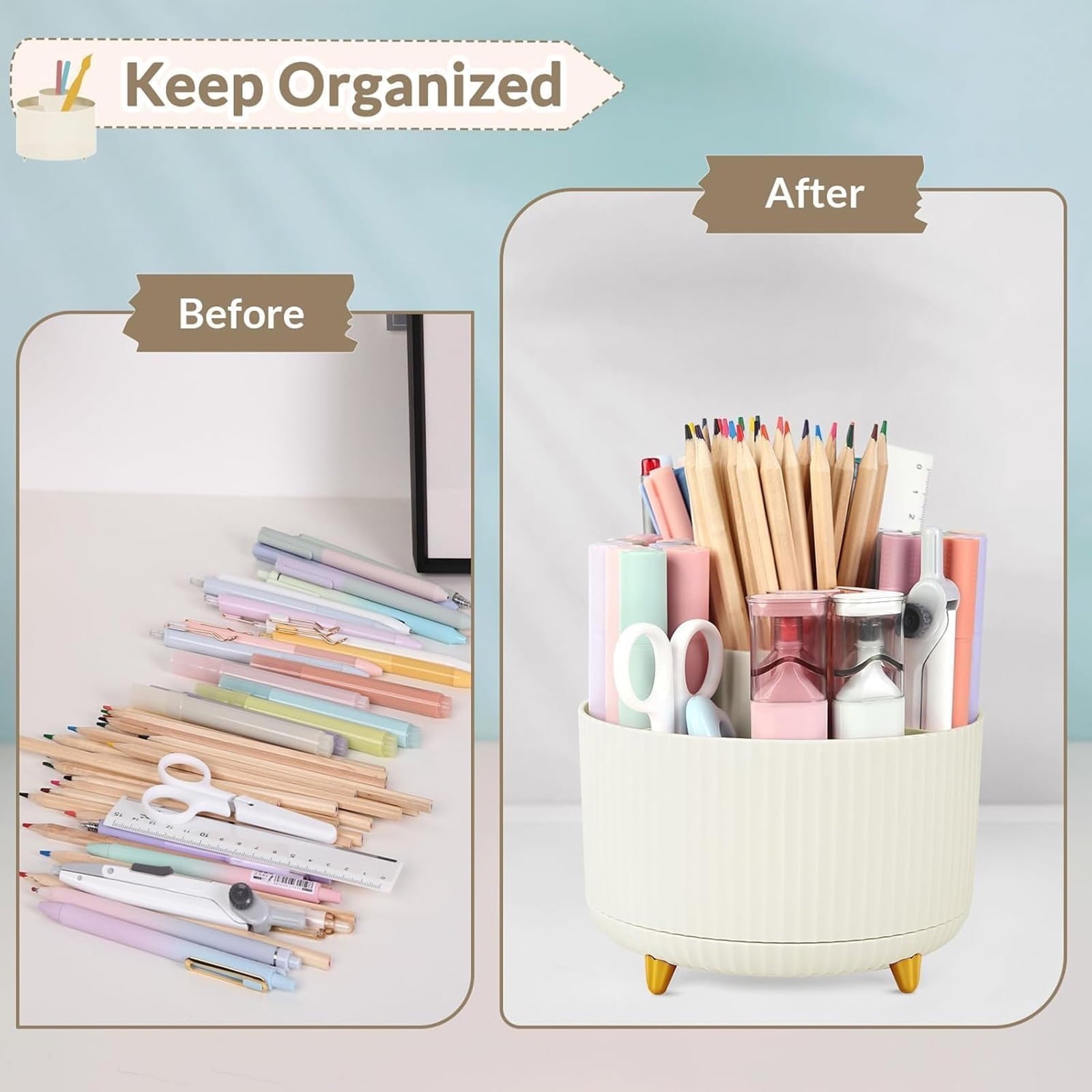 360 Rotating Plastic Desk Pen Organizer with 5 Slots, Dual-Purpose Art Supply Pencil Cup for Office, Home - Image 4