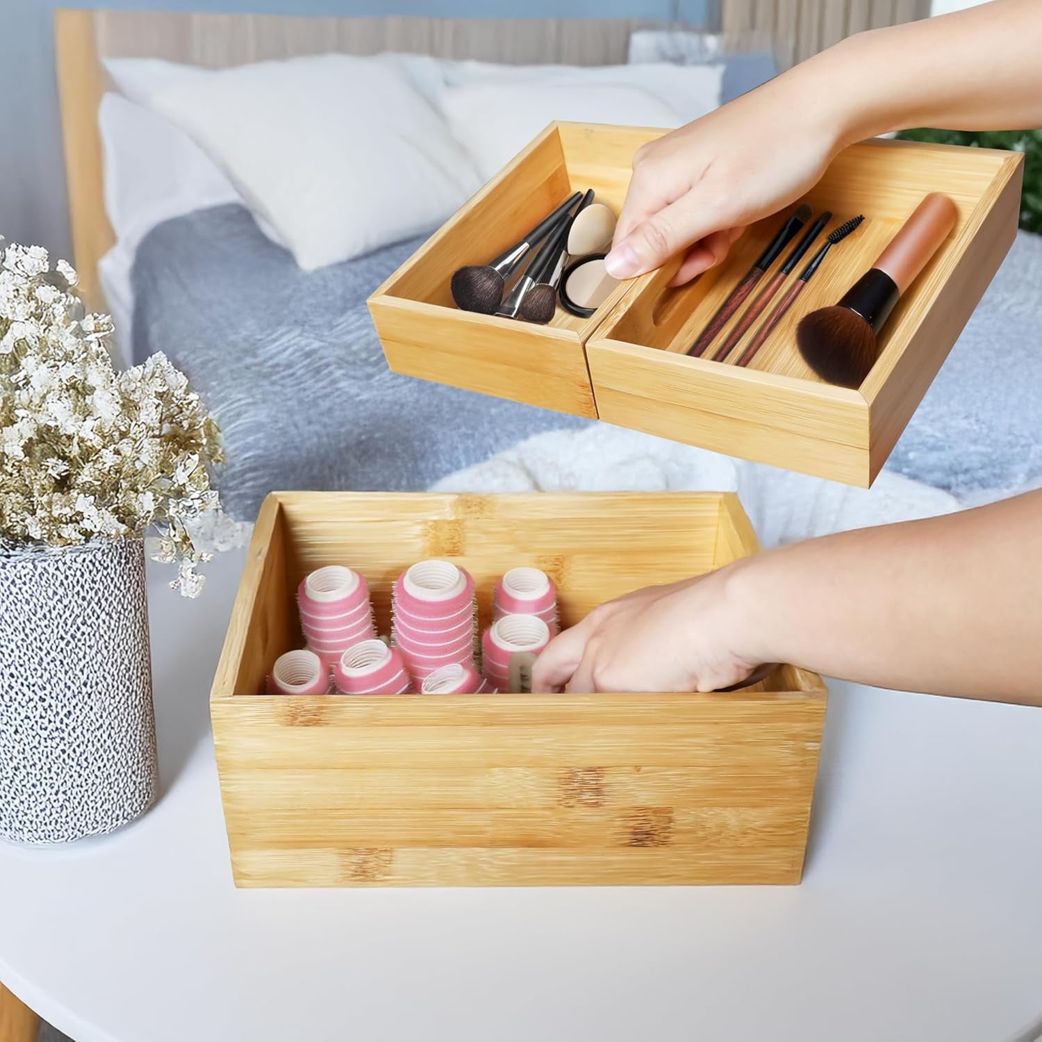 3-Piece Stackable Bamboo Storage Box, Office Desk Organizer, Wooden Boxes for Makeup Drawer Organizer Bathroom, Offic... - Image 6