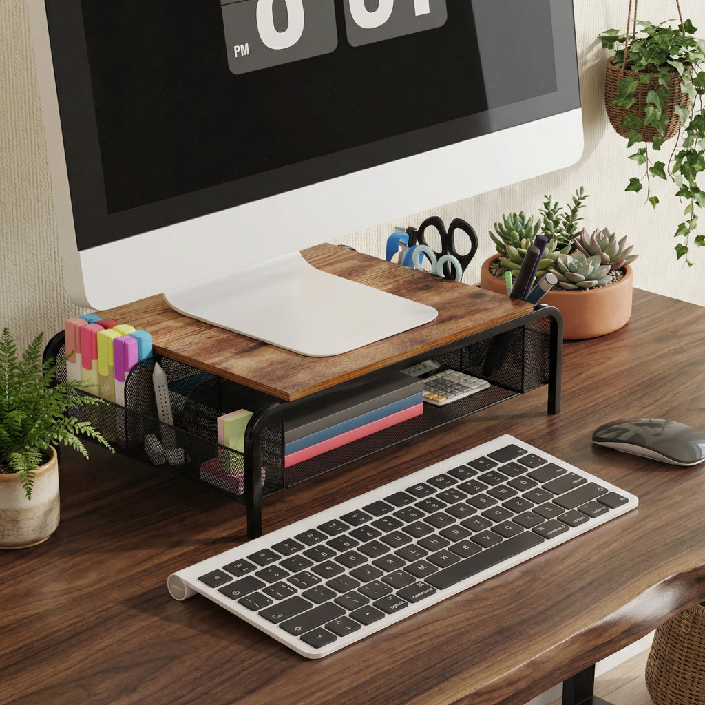 16.85" Metal Monitor Stand Riser with Drawer - Black Rustic Desktop Organizer for Computer, Laptop, Printer - Image 4