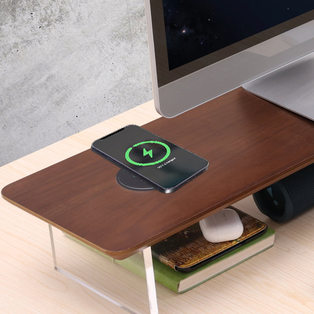 Wooden Monitor Stand Riser with Wireless Charging USB Port Desktop Organizer Shelf 31.5 Inch Large 1 Pack - Image 5