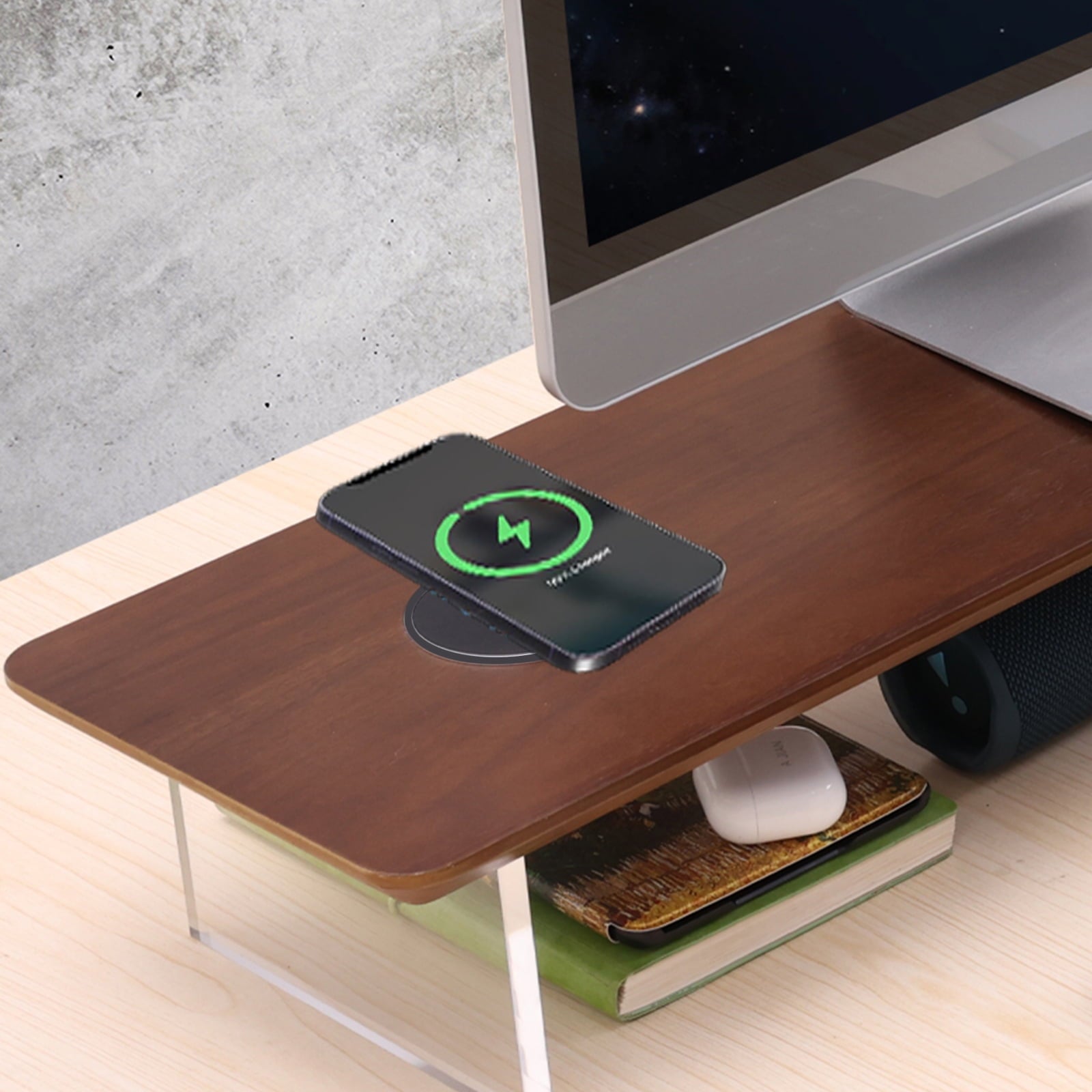 Wooden Monitor Stand Riser with Wireless Charging USB Port Desktop Organizer Shelf 31.5 Inch Large 1 Pack - Image 5