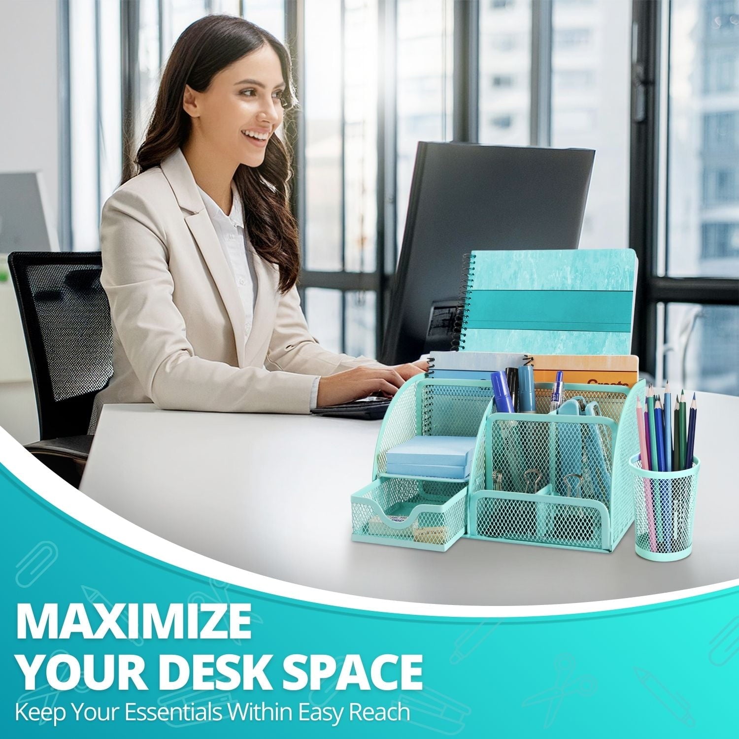 Desk Organizer Office Supplies Accessories Desktop Tabletop Sorter Shelf Pencil Holder Caddy Set - Metal Mesh with Drawer and 6 Compartments - Image 6