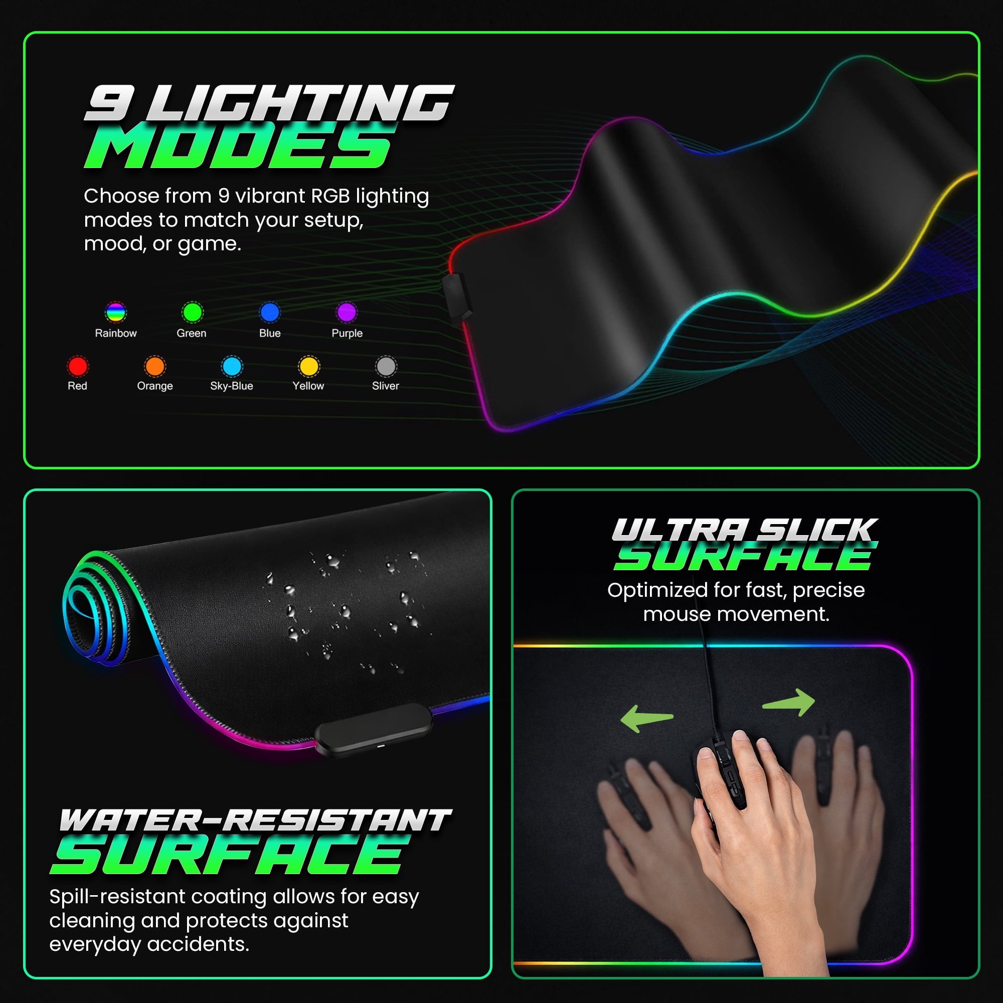 Lumen8 RGB LED Gaming Desk Mouse Pad, 11.8 x 31.5 in, USB Powered with Braided Micro USB Cable, Water-Resistant - Image 5