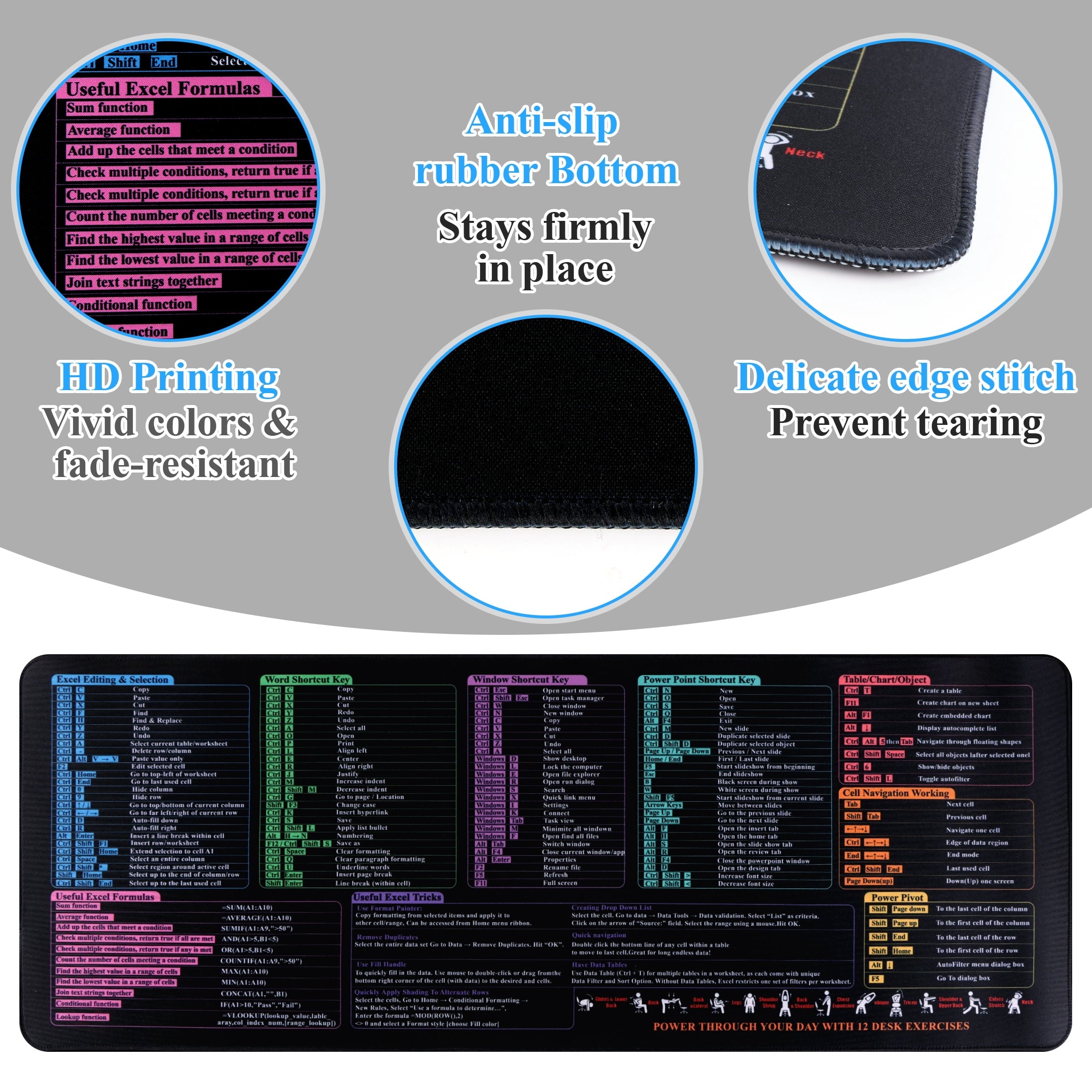 Excel Cheat Sheet Desk Pad, Large Office Excel Mouse Pad, Word/Window/PPT/Excel Shortcuts Cheat Sheet Desk Mat, PC Of... - Image 3