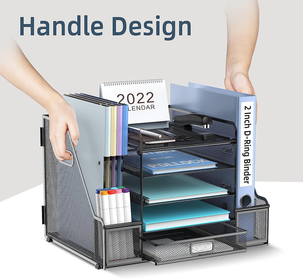 Paper 5 Compartment Mesh Desk Organizer with Drawer, Black - Image 2