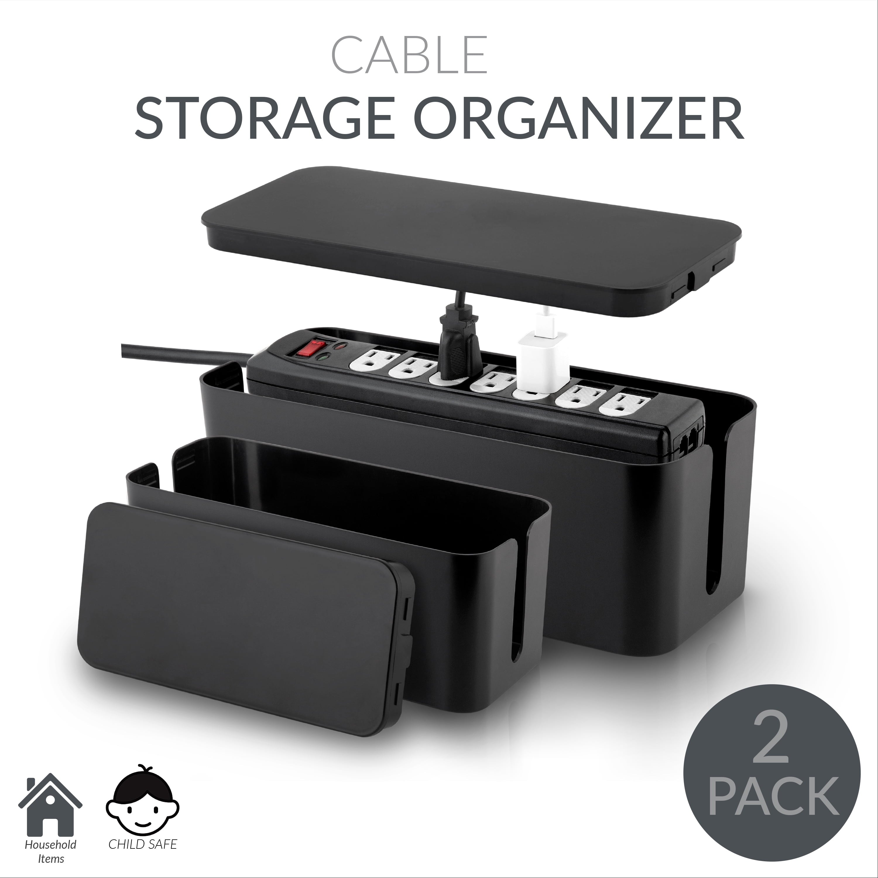 Simplify 2 Pack Plastic Wire / Cable Organizer Hidden Storage Boxes in Black - Image 2