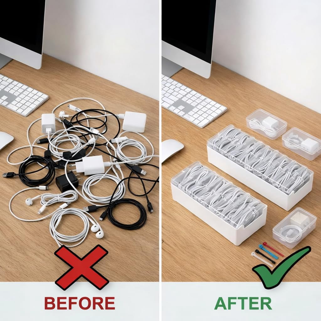 Cable Organizer Box Set, Cord Organizer with 7 and 11 Compartments, Individual Clear Storage Cases, Reusable Cable Ti... - Image 3