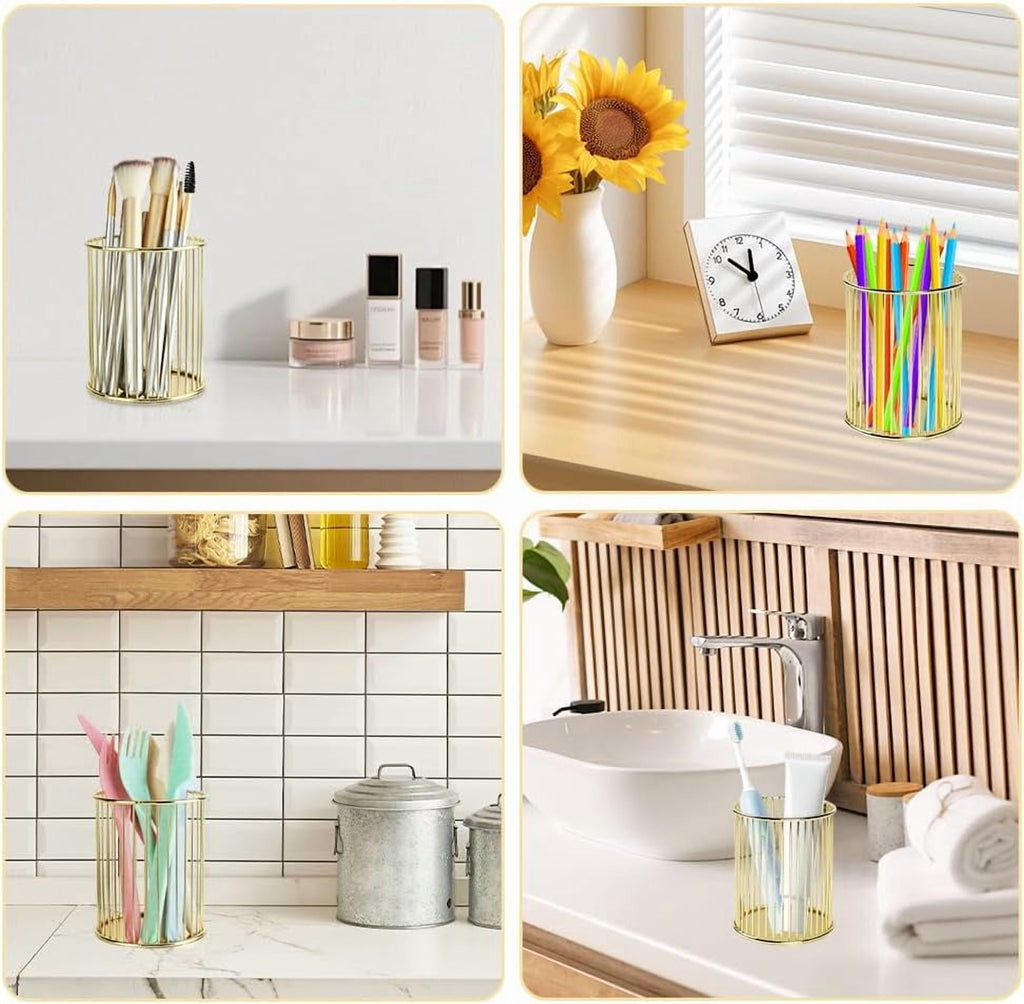 RETON 2 Pack Gold Pencil Holder, Metal Wire Pen Holder for Desk Cute, Makeup Brushes Holder, Pen Cup for with 2 Pens, Desk Organizer Gold fo - Image 4