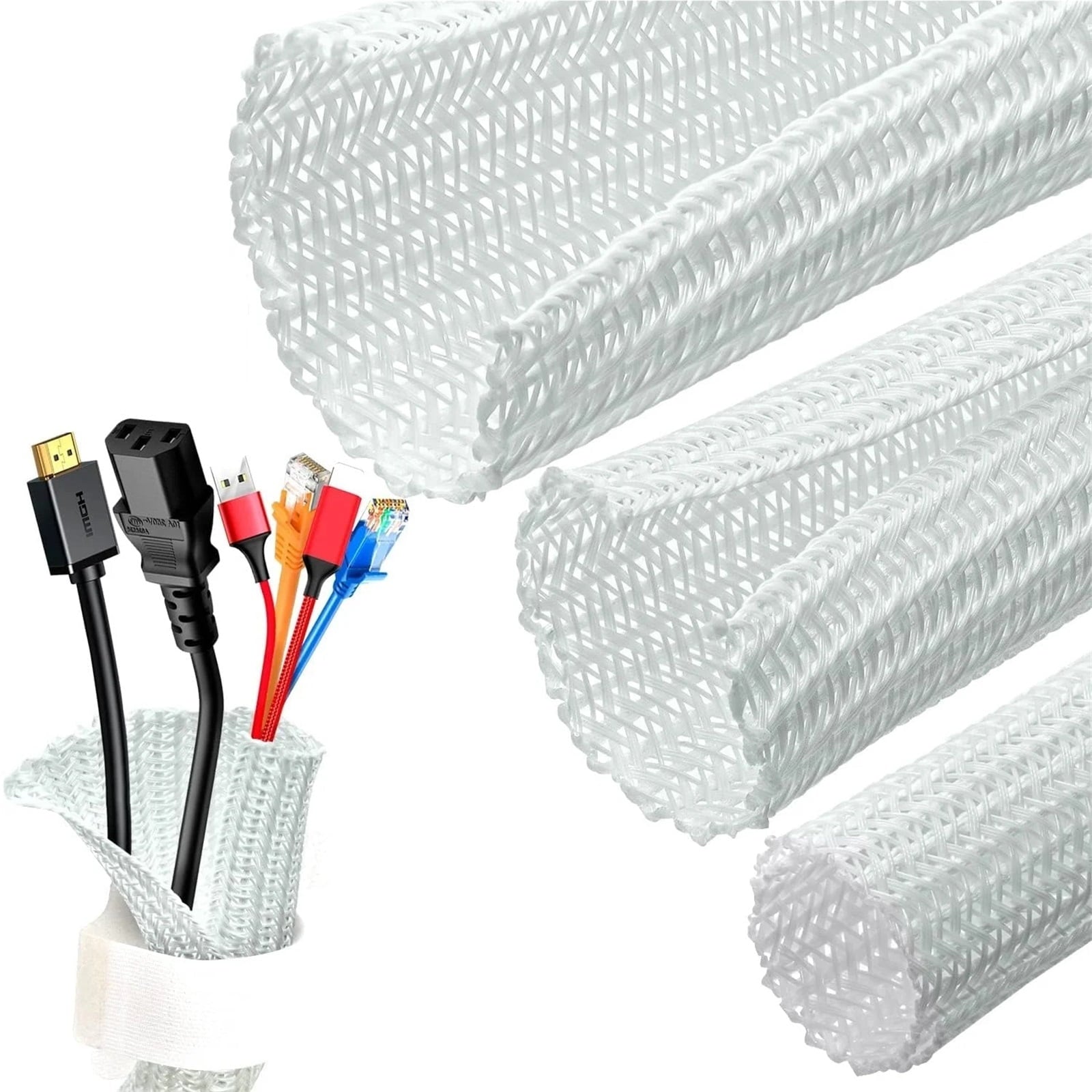 White Cable Sleeve, Cable Organizer For Desk PC TV Computer, Wire Protector Cable Wrap Cover, Cord Management F - Image 5