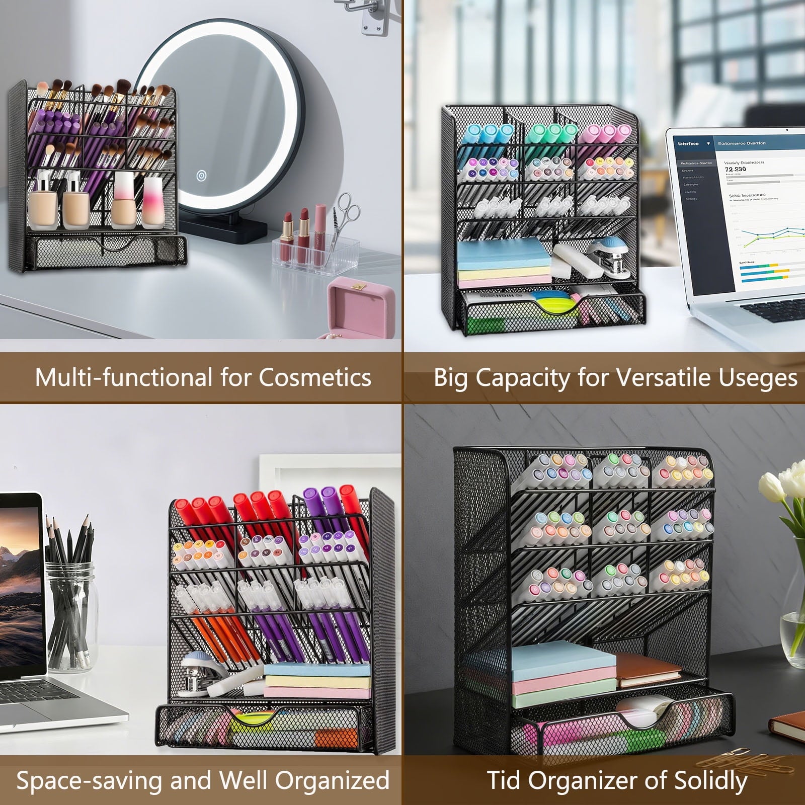 Metal Pen Organizer, Pencil Holder for Desk, Office Desktop Organizer with Drawer - Image 4