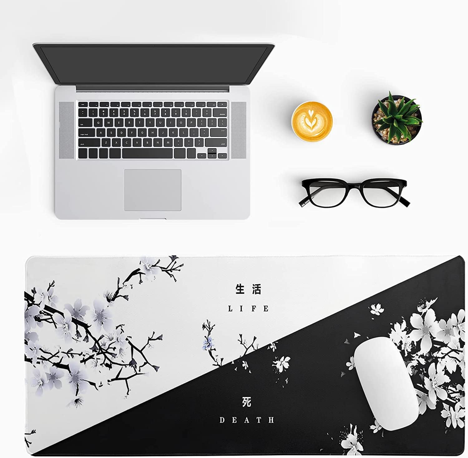 Black and White Japanese Cherry Blossom Gaming Mouse Pad Sakura Death Life Flower Mat 31.5x11.8 Inch Texture Non-Slip... - Image 3