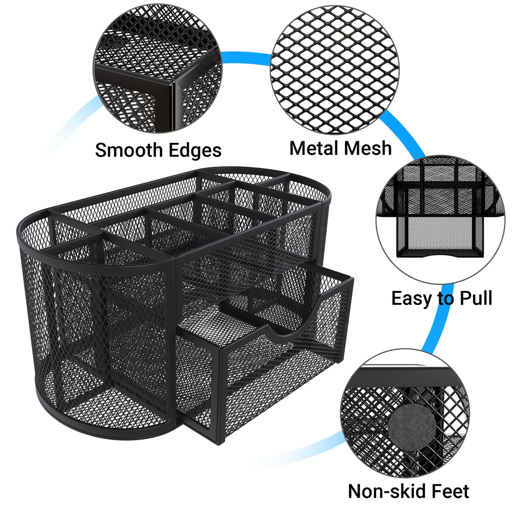 Pen Holder with Drawers Pencil Holder for Mesh Office Supply and Storage, Black - Image 5