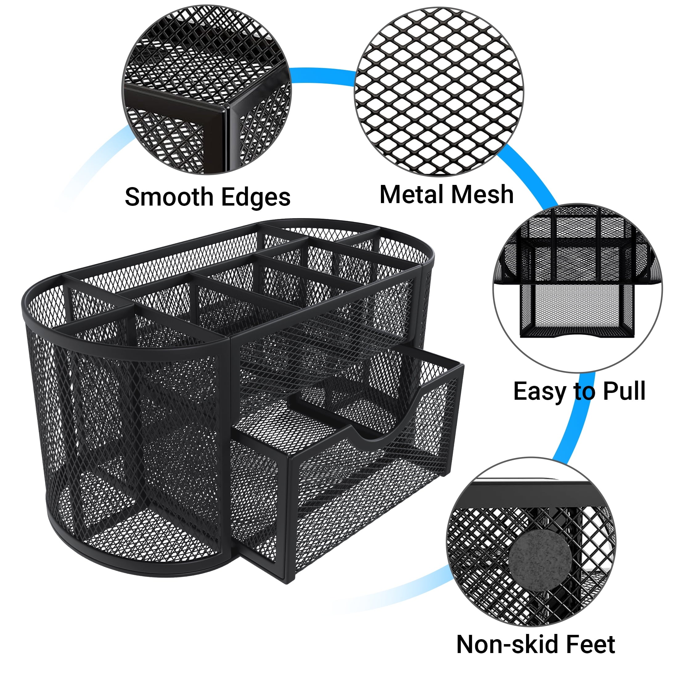 Pen Holder with Drawers Pencil Holder for Mesh Office Supply and Storage, Black - Image 5