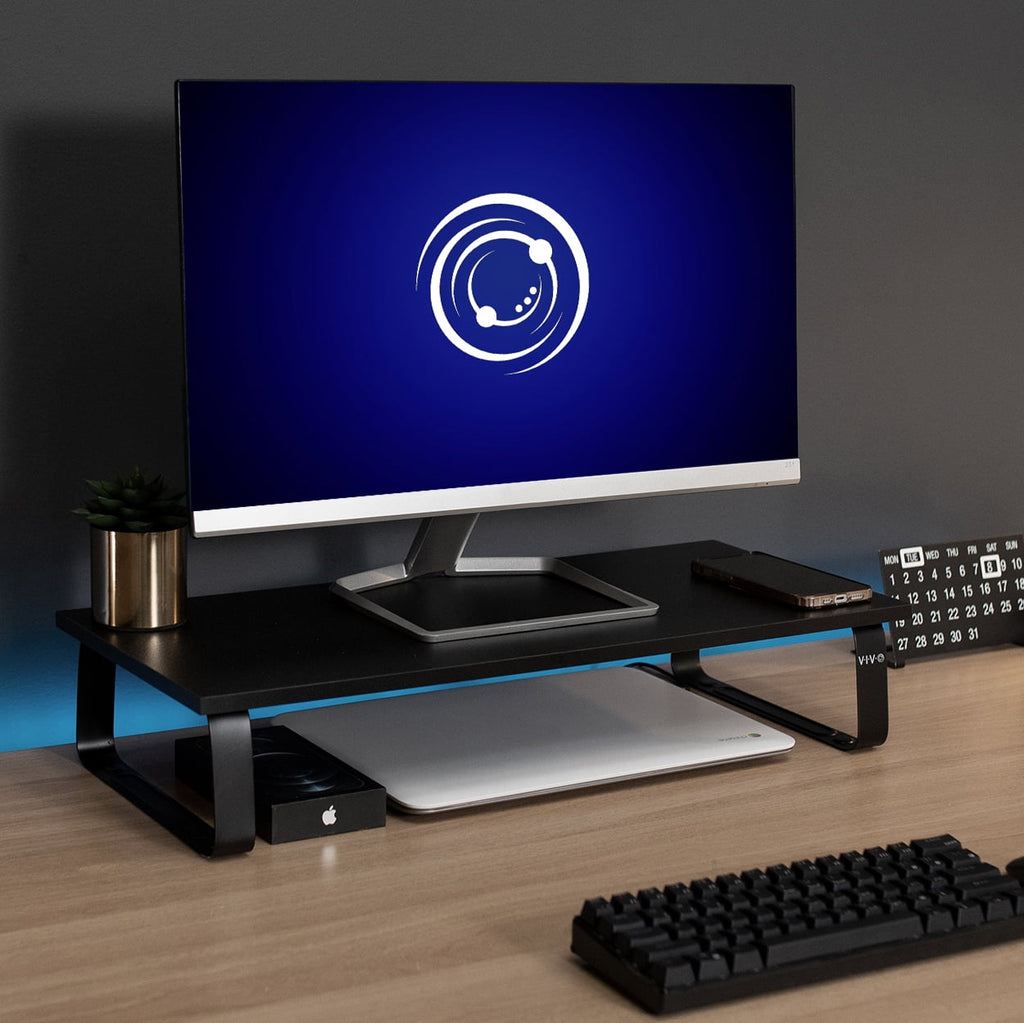 Black Wood 24" Wide Desktop Stand Ergonomic TV Monitor Riser Desk Organizer - Image 4