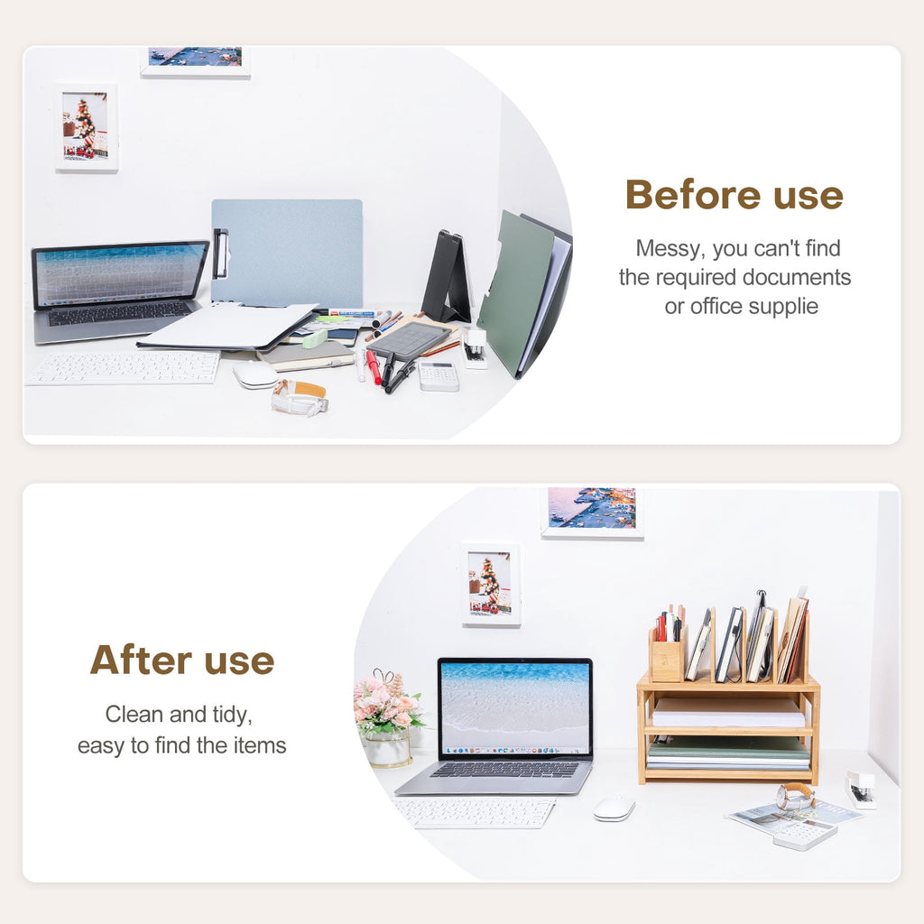 Bamboo Desk Organizer with File Holder & Adjustable Pen Holding, 3-Tier Desktop Letter Paper Tray Storage - Image 4