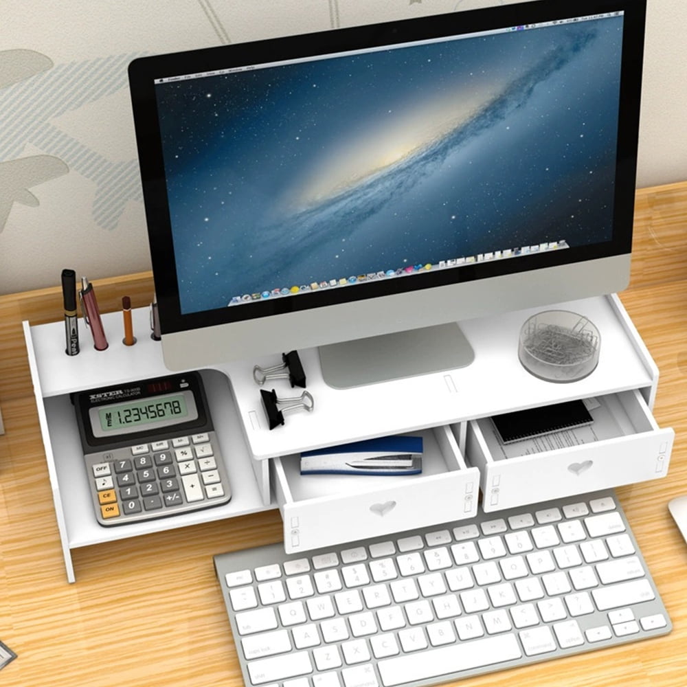 Desk Monitor Stand Riser with Organizer Tray, Desktop Shelf with Two Drawer, White - Image 6