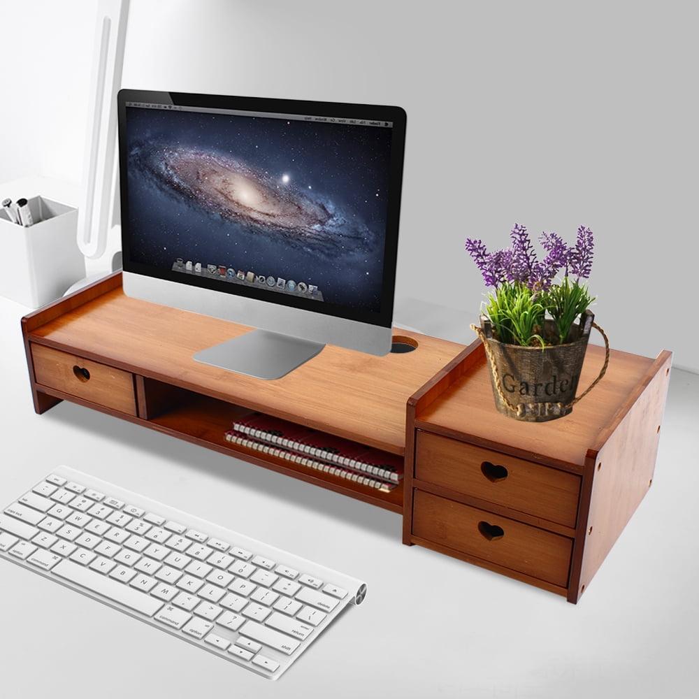 Retro Bamboo Monitor Stand Desk Storage Organizer with Three Drawers and Double Shelves Multifunctional Monitor Stand Riser 110.23lbs Load C - Image 3