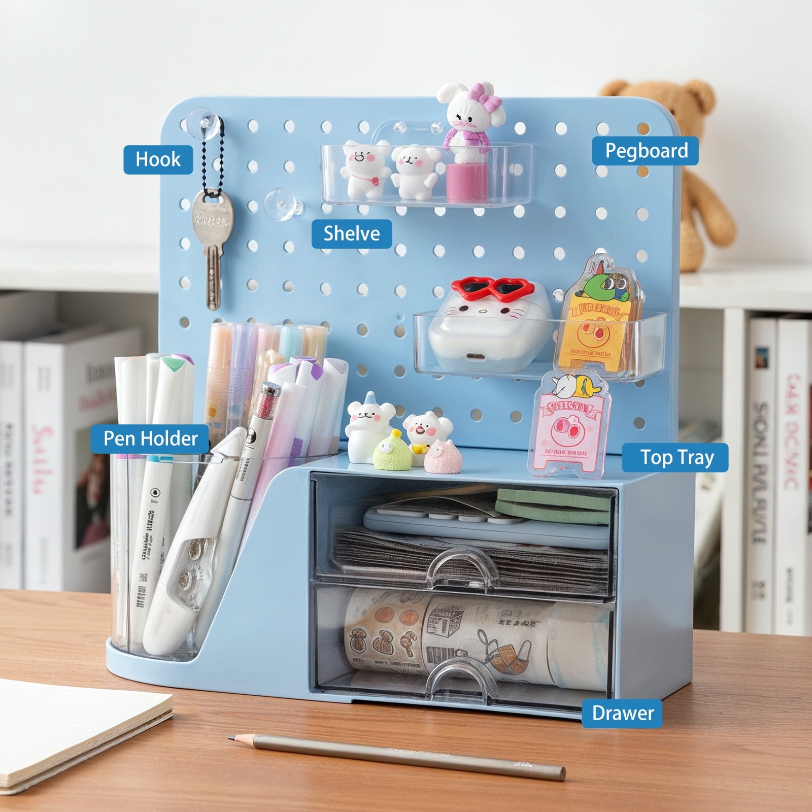 Desk Organizer, Small 2 Drawer Unit and Pen Holders, Multi-Purpose Pegboard organizer For Home Office, Blue - Image 5