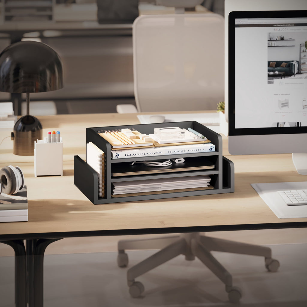 3-Tier Desk Organizer with 2 Side Mail Sorter Slots, Office Letter Tray, Black - Image 3