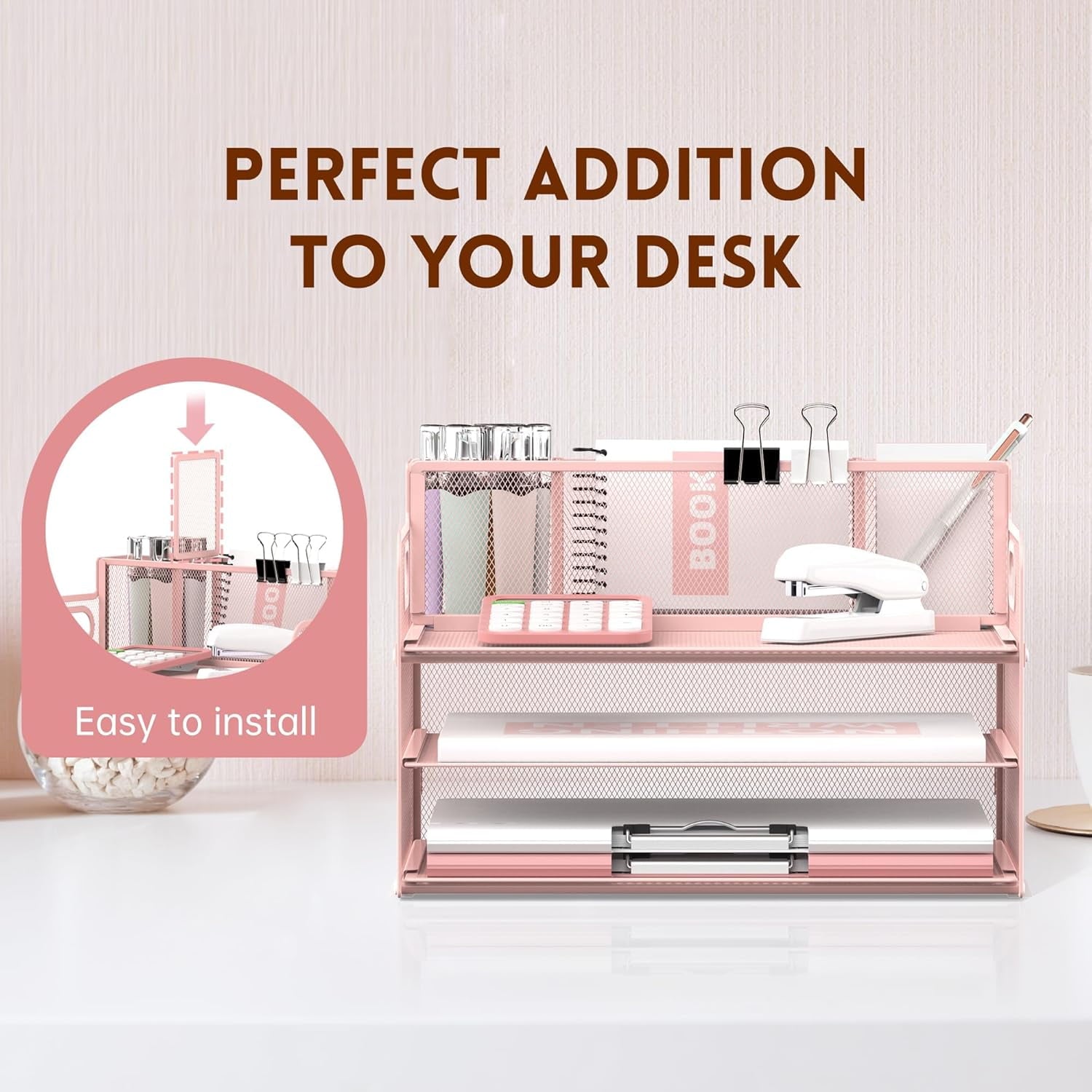 3 Metal Mesh Desk Organizer with 3 Pen Holders and Handle, Paper Organizer, Pink, 1 Pcs - Image 3