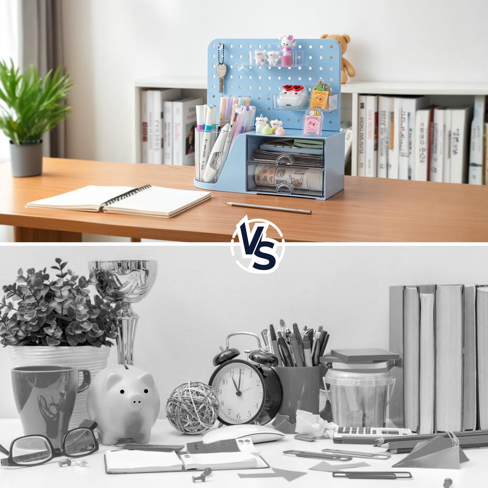 Desk Organizer, Small 2 Drawer Unit and Pen Holders, Multi-Purpose Pegboard organizer For Home Office, Blue - Image 6