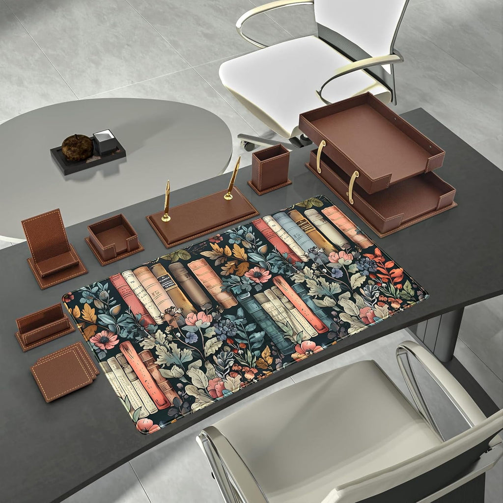 Floral Books Desk Mat Reading Desk Pad Mouse Mat XXL, Colorful Mouse Keyboard Pad Flower Bookshelf Desktop Mat, Long Computer Mats Aesthetic - Image 3