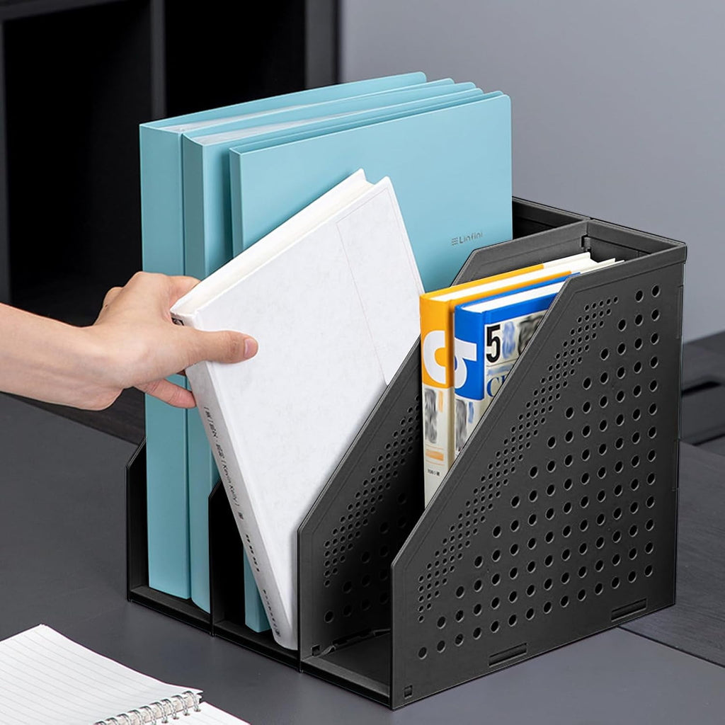 SAYEEC Black Collapsible Magazine File Holder Plastic 3-Compartment Vertical File Organizer, Sturdy Desk Folder Rack for Office, School & Ho - Image 6